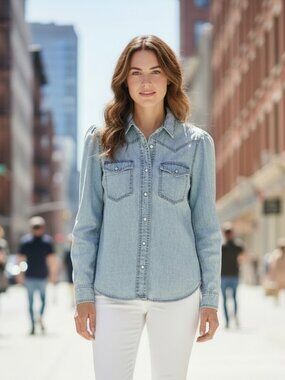 Gap Denim Button Down Shirt XS Chambray Western Snap Front Lightweight Top